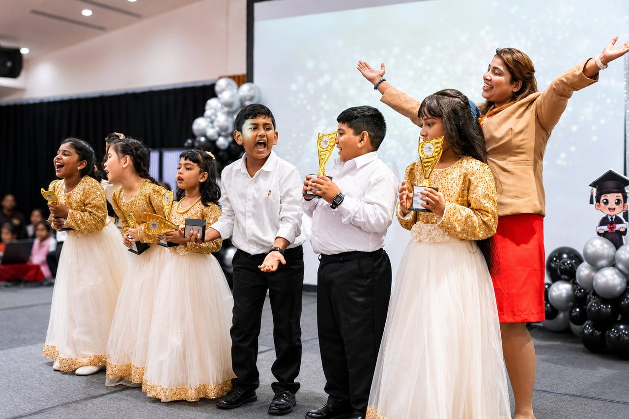 Children celebrating at a Tadika Kreatif Mesra event with their teacher