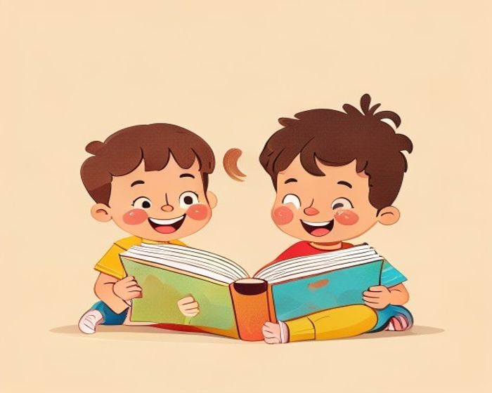 Cartoon of two happy children reading a picture book together
