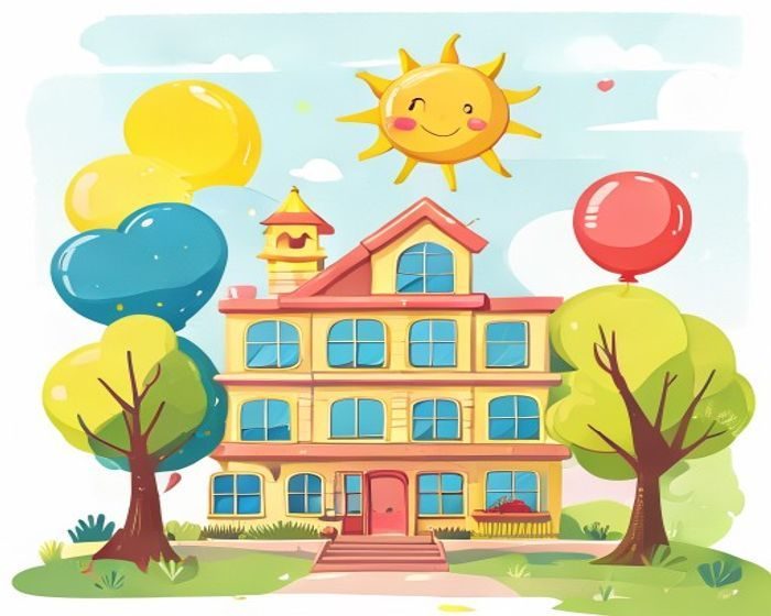 Cartoon of a cheerful kindergarten building with balloons and a smiling sun
